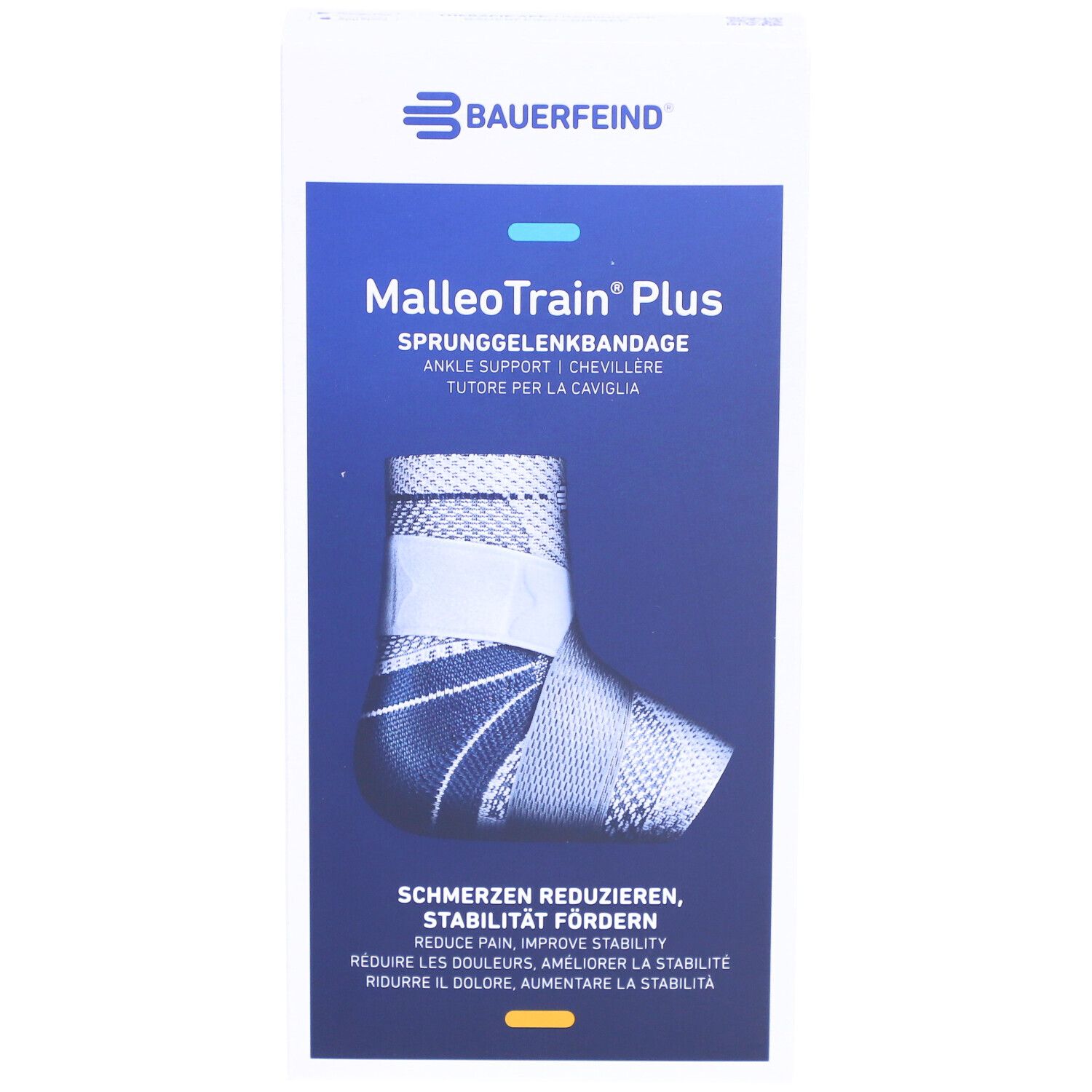 Bauerfeind MalleoTrain Plus Bandage. Verpackung mit Produktabbildung und Text.
