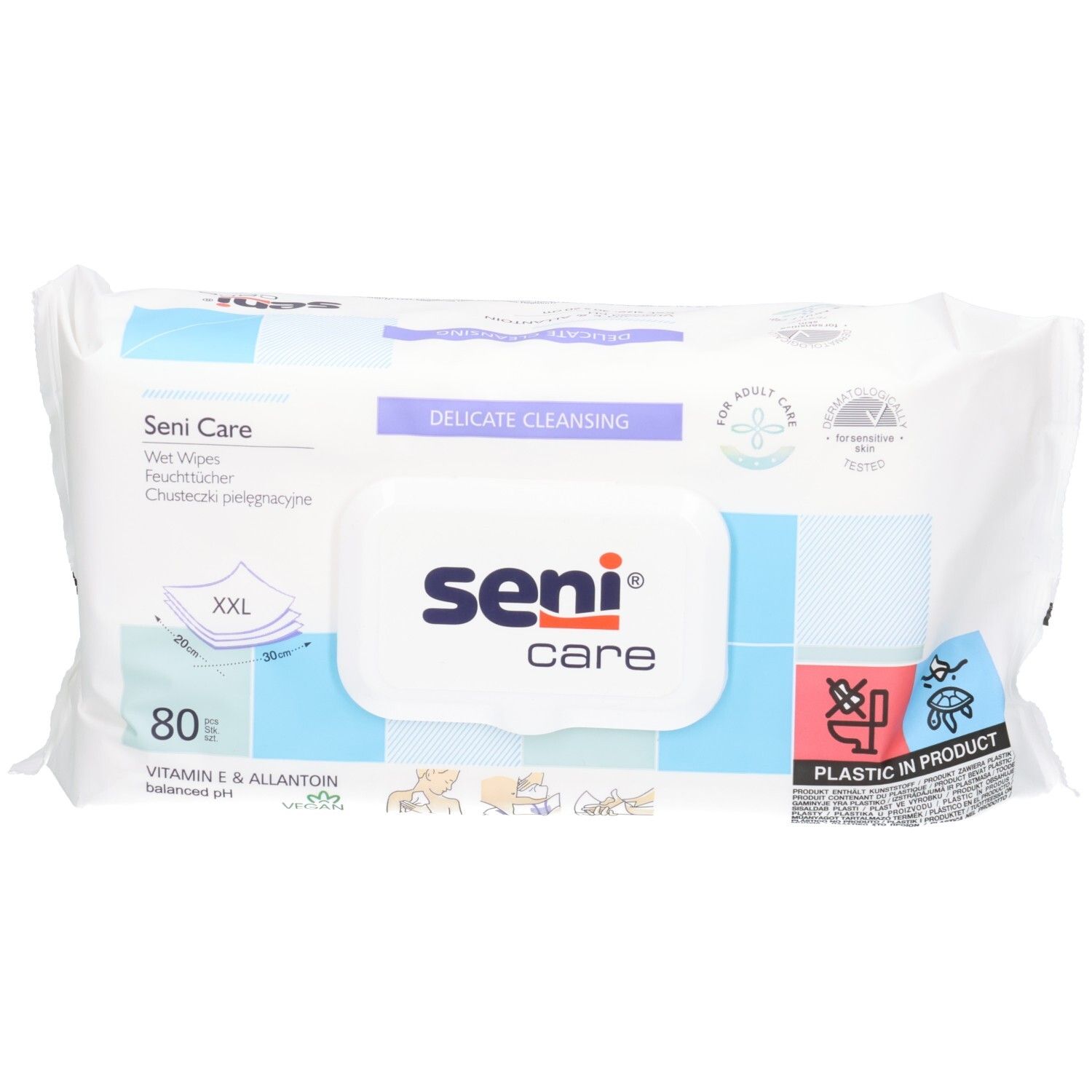 Seni Care Feuchttücher, 80 Stück, XXL. Mit Vitamin E & Allantoin.