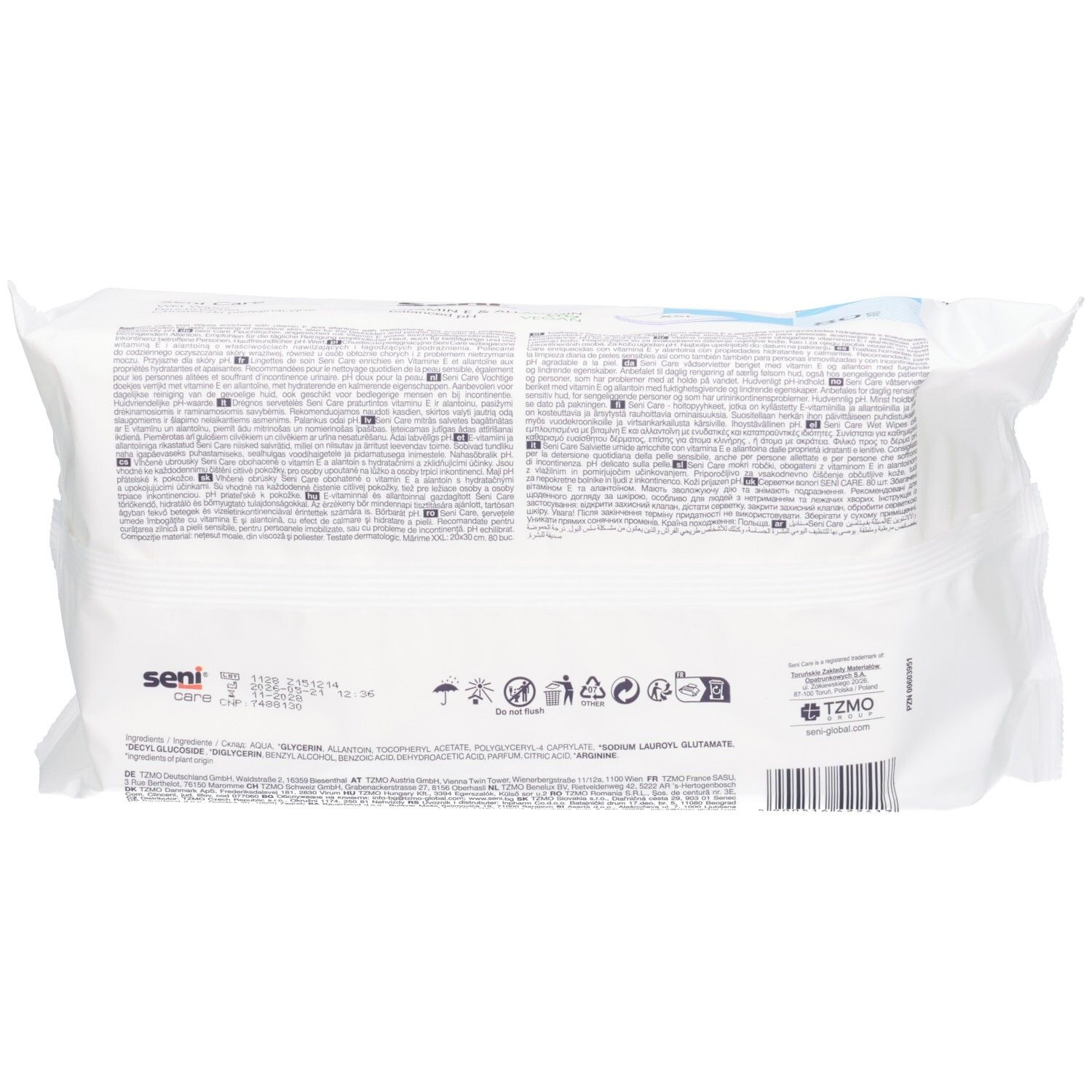 Rückseite der Seni Care Feuchttücher-Packung mit Inhaltsstoffen und Anwendungshinweisen.