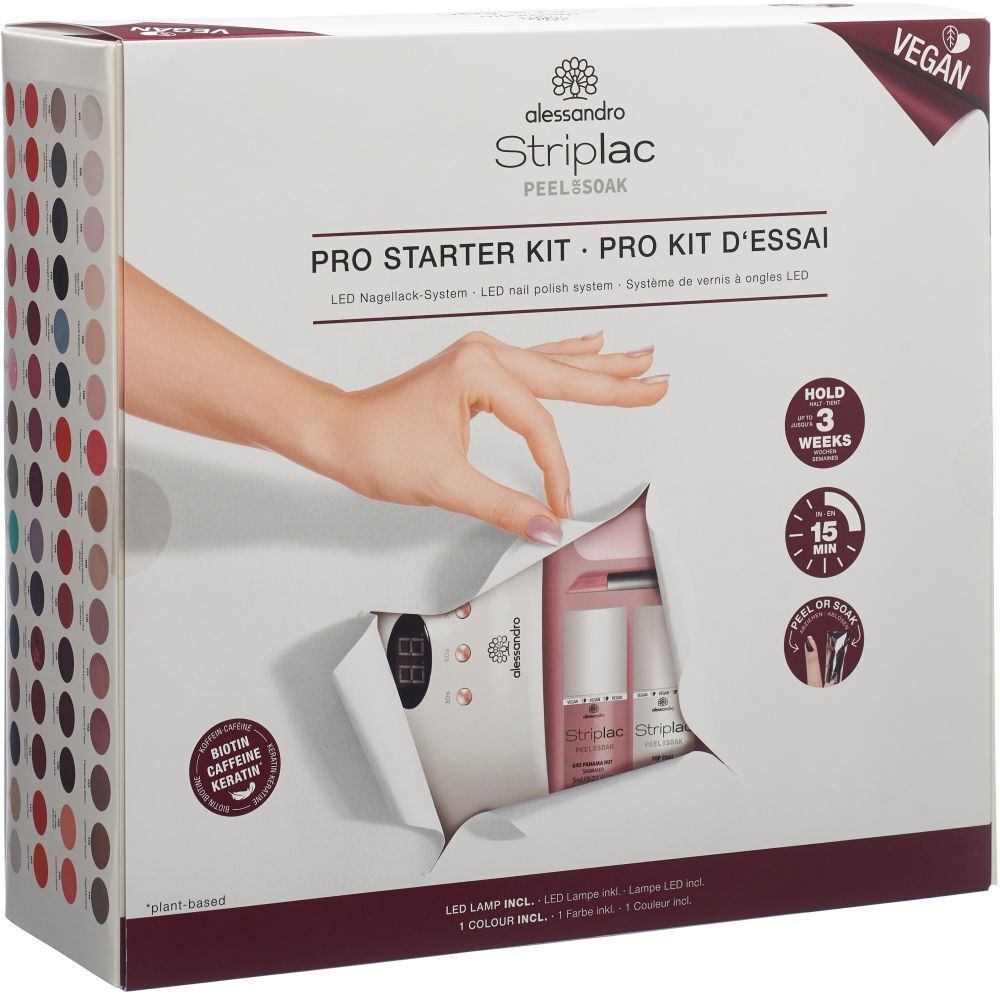 Box mit alessandro Striplac Pro Starter Kit. Enthält LED-Lampe, Nagellack und Zubehör. Vegan-Siegel.