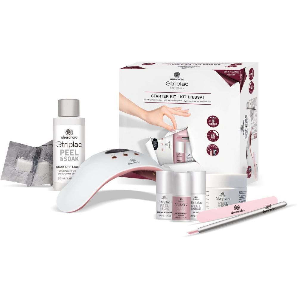 alessandro Striplac Pro Starter Kit mit Zubehör: LED-Lampe, Nagellack, Feile, etc. Vegan-Siegel.