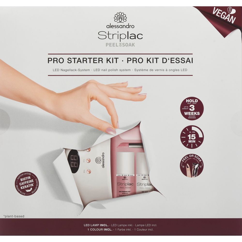 Box mit alessandro Striplac Pro Starter Kit. Enthält LED-Lampe, Nagellack und Zubehör. Vegan-Siegel.