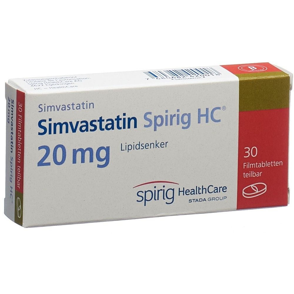 Boîte de Simvastatine Spirig HC 20 mg. Inscription : 30 comprimés pelliculés sécables. Marque : spirig HealthCare, STADA GROUP.