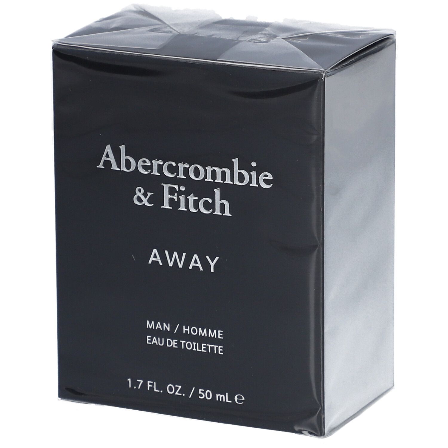 Schwarzer Karton mit weißem Text: Abercrombie & Fitch, AWAY, MAN / HOMME, Eau de Toilette. 1.7 FL. OZ. / 50 ml e.