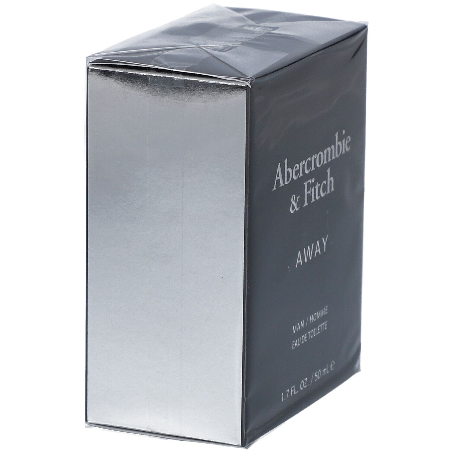 Schwarze und silberne Schachtel mit Text: Abercrombie & Fitch, AWAY, MAN / HOMME, Eau de Toilette. 1.7 FL. OZ. / 50 ml e.
