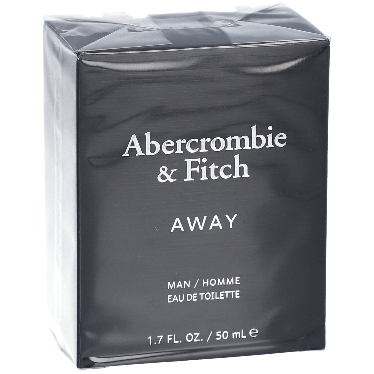 Schwarze Schachtel mit weißem Text: Abercrombie & Fitch, AWAY, MAN / HOMME, Eau de Toilette. 1.7 FL. OZ. / 50 ml e.