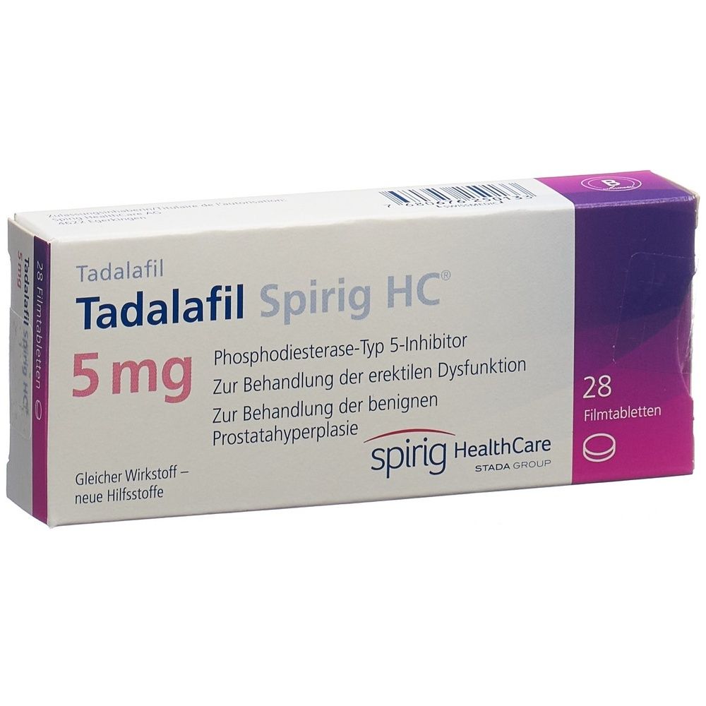 Verpackung von Tadalafil Spirig HC 5 mg. Enthält 28 Filmtabletten. Aufschrift: Phosphodiesterase-Typ 5-Inhibitor. Zur Behandlung erektiler Dysfunktion.