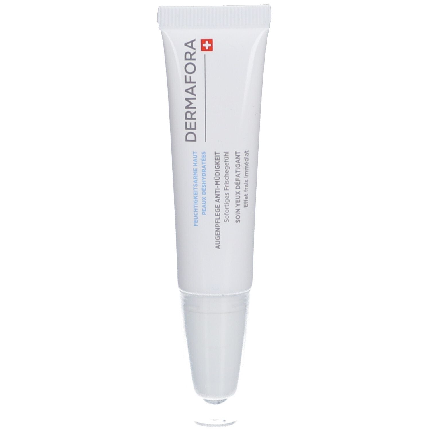 Weiße Tube mit Augenkontur-Gel. Aufschrift: Dermafora, Augenpflege Anti-Müdigkeit. Schweizer Kreuz.
