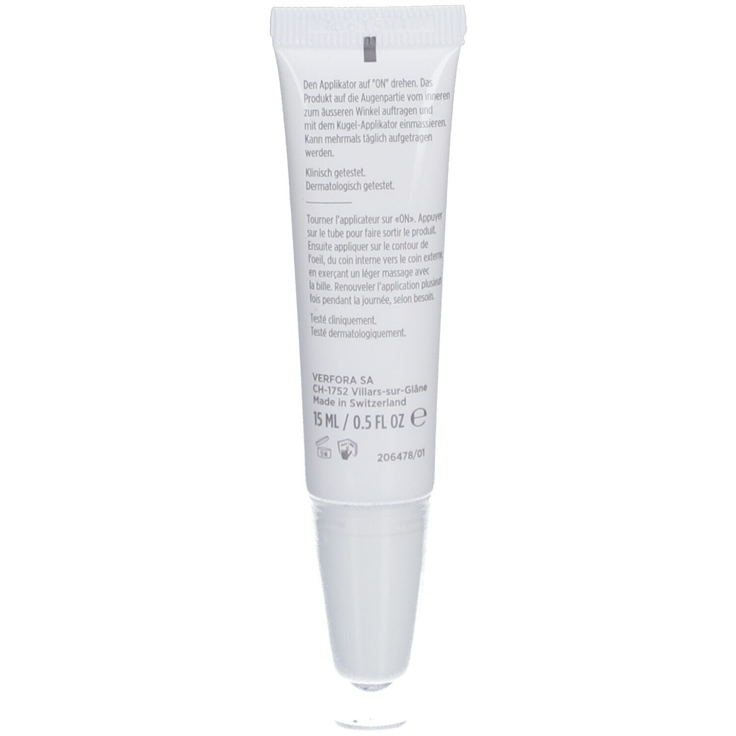 Rückseite der Tube mit Text. Enthält Anweisungen zur Anwendung und Herstellerinformationen. 15 ml.