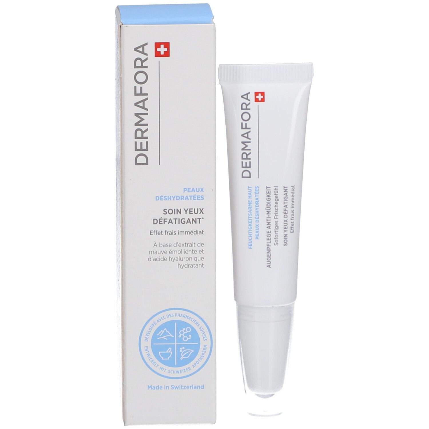 Produkt und Verpackung. Weiße Tube und Schachtel. Aufschrift: Dermafora, Augenpflege Anti-Müdigkeit. Schweizer Kreuz.