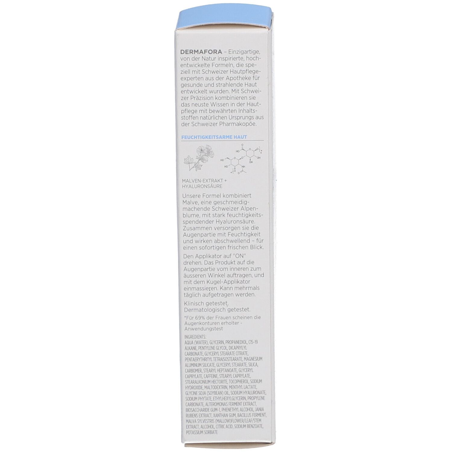 Rückseite der Schachtel mit Produktinformationen. Text in deutscher Sprache. Enthält Inhaltsstoffe und Anwendung.