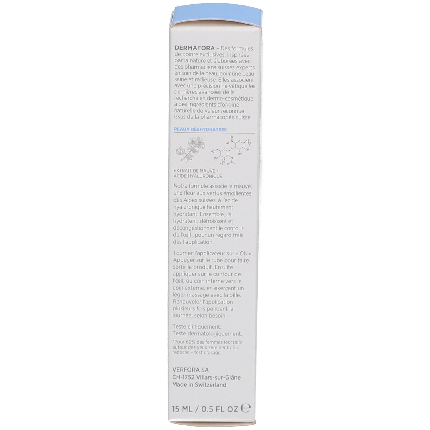 Rückseite der Schachtel mit Produktinformationen. Text in französischer Sprache. Enthält Inhaltsstoffe und Anwendung.