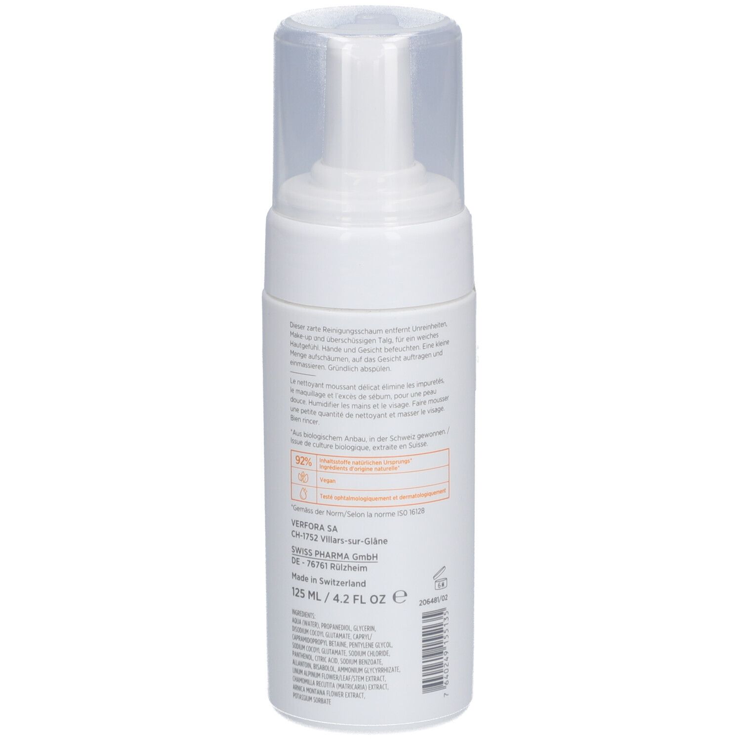 Weißer Spender mit transparentem Deckel. Rückseite mit Text und Informationen. Hergestellt in der Schweiz. 125 ml.