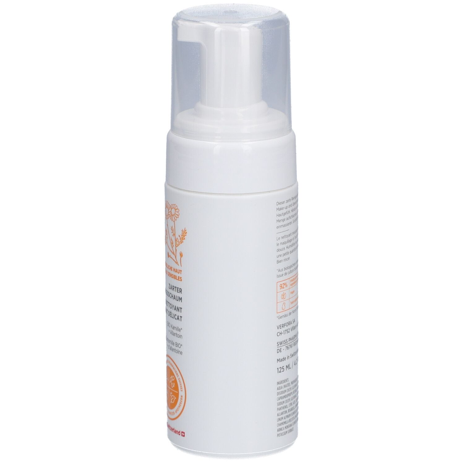 Weißer Spender mit transparentem Deckel. Aufschrift: DERMAFORA, Zarter Reinigungsschaum. Rückseite mit Text und Informationen. 125 ml.