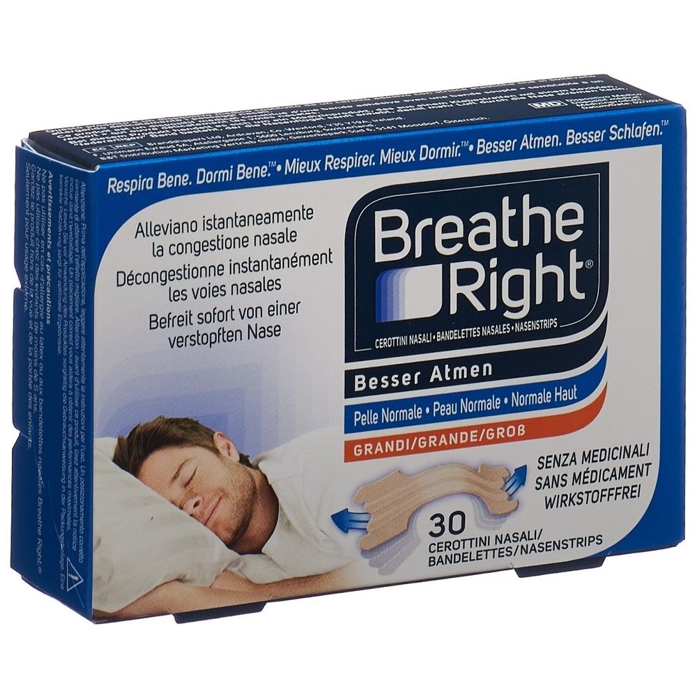 Verpackung mit Nasenstrips. Marke Breathe Right. Groß, beige. 30 Stück. Für normale Haut.