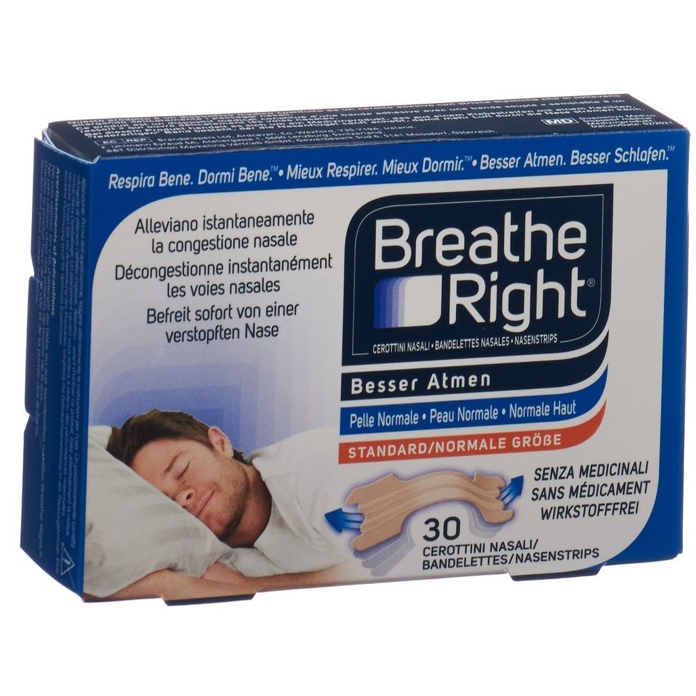 Verpackung von Breathe Right Nasenpflastern. Blaue Schachtel mit Produktnamen und Abbildung eines Mannes. 30 Pflaster.