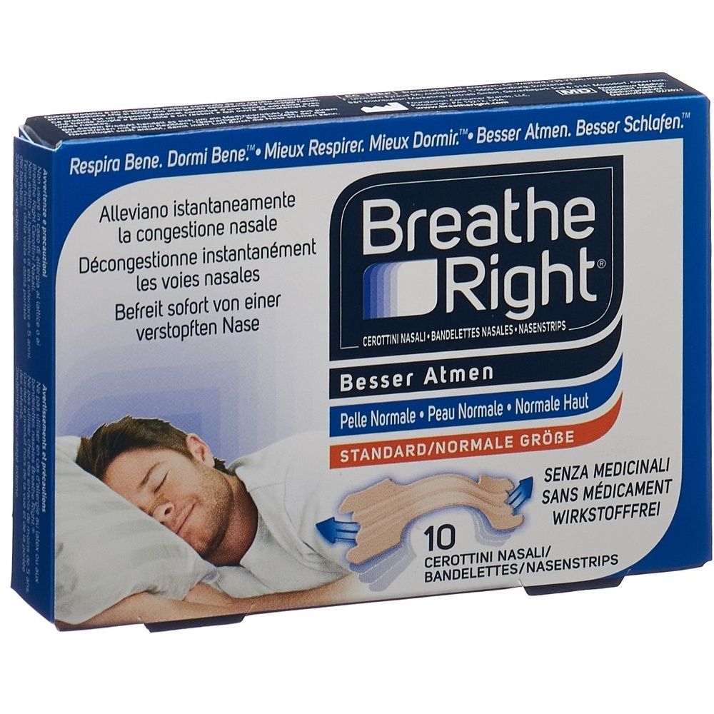 Verpackung mit Nasenpflastern. Marke Breathe Right. Enthält 10 Pflaster. Text: Besser Atmen, Standard Größe, ohne Medikamente.