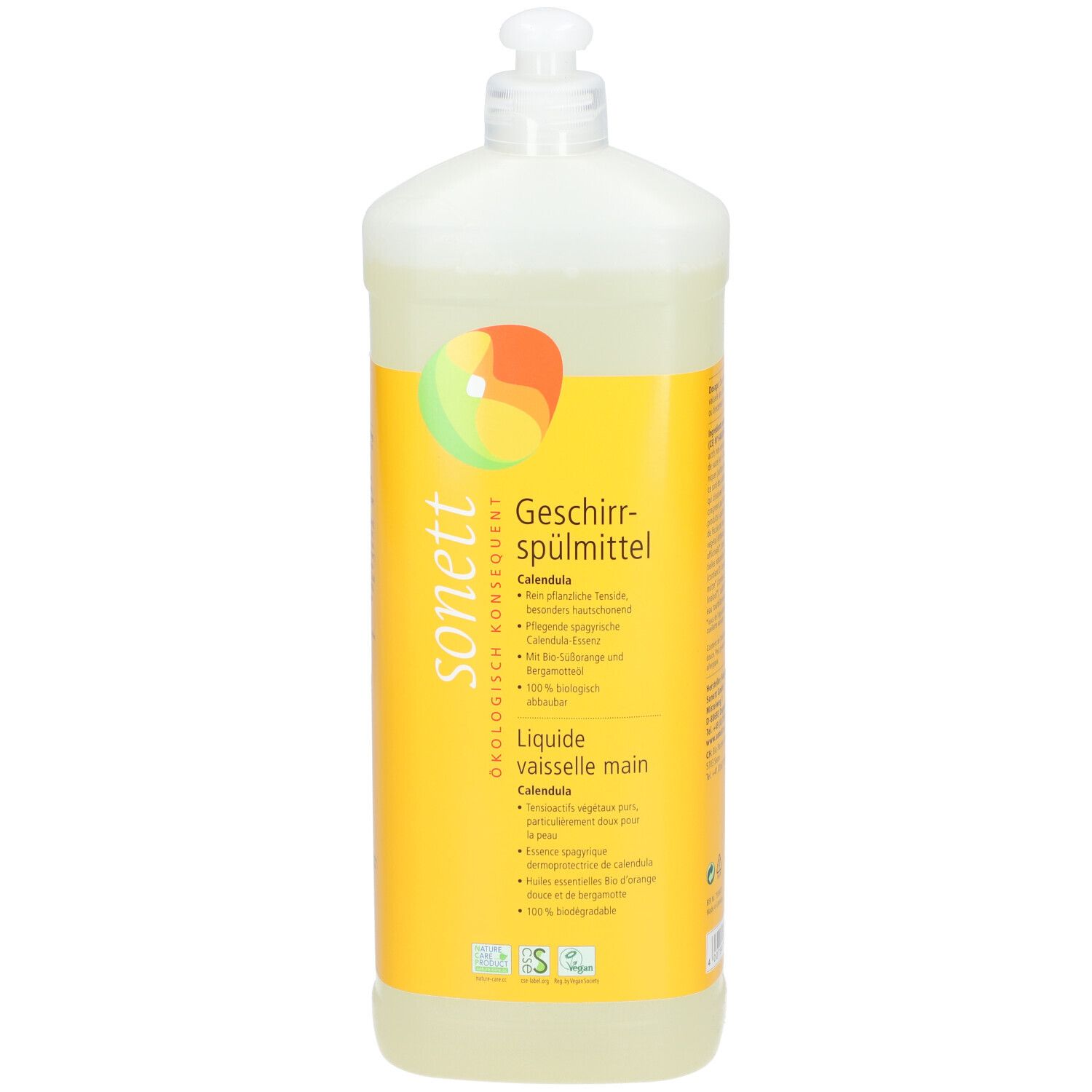 Gelbe Flasche mit Spülmittel. Aufschrift: SONETT, Geschirrspülmittel Calendula. Mit Dosierkopf.
