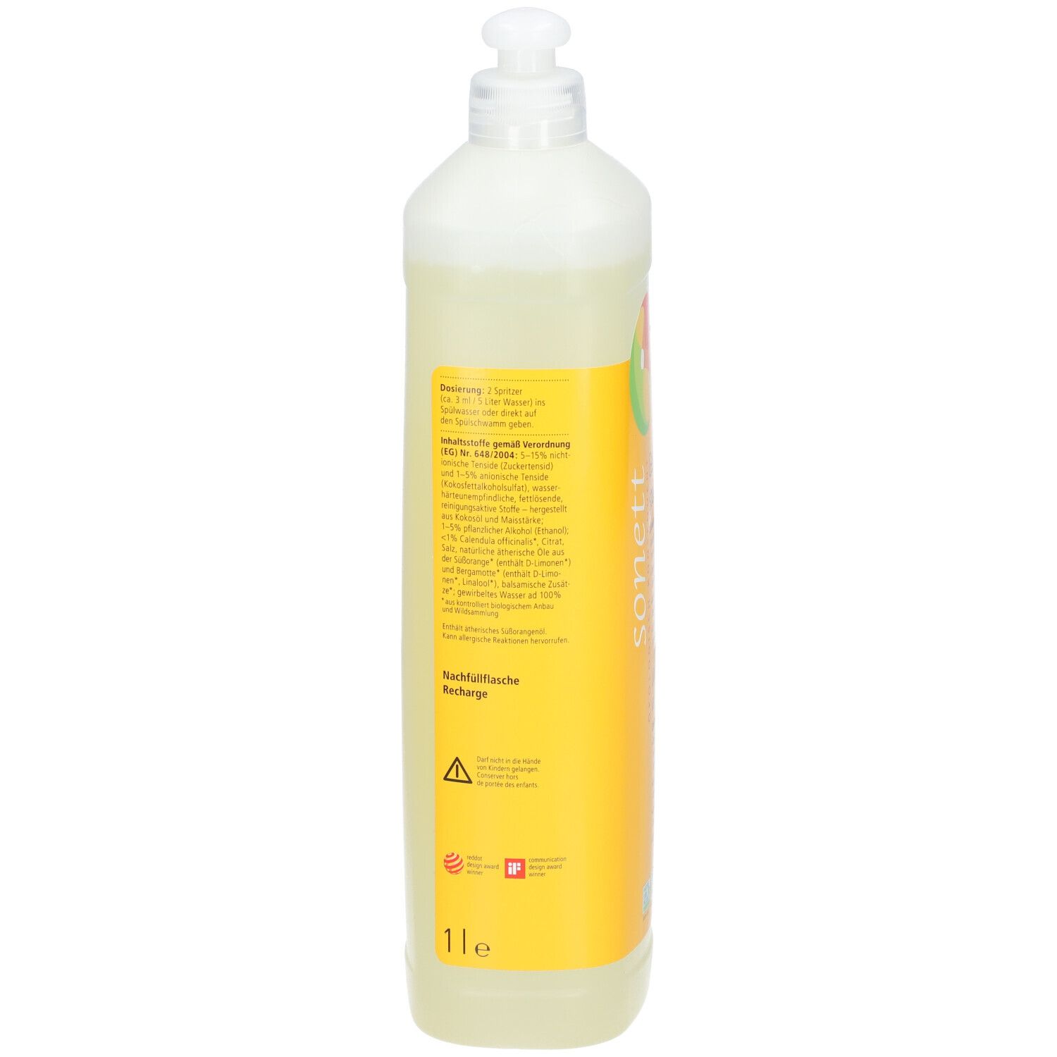 Rückseite der gelben Spülmittelflasche. Textinformationen und Logos. Volumen: 1 Liter.