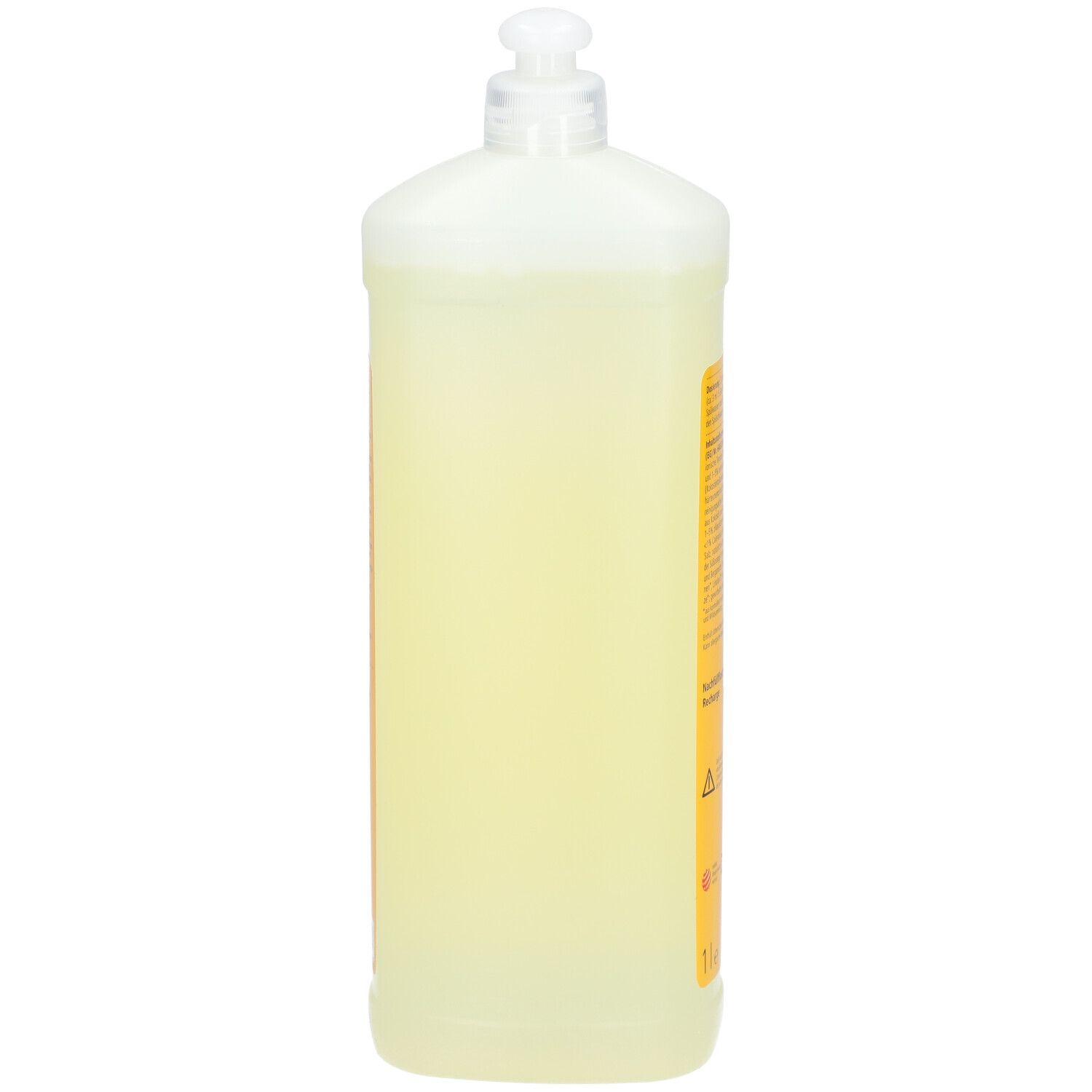 Gelbe Spülmittelflasche, Seitenansicht. Mit weißem Dosierkopf. 1 Liter.