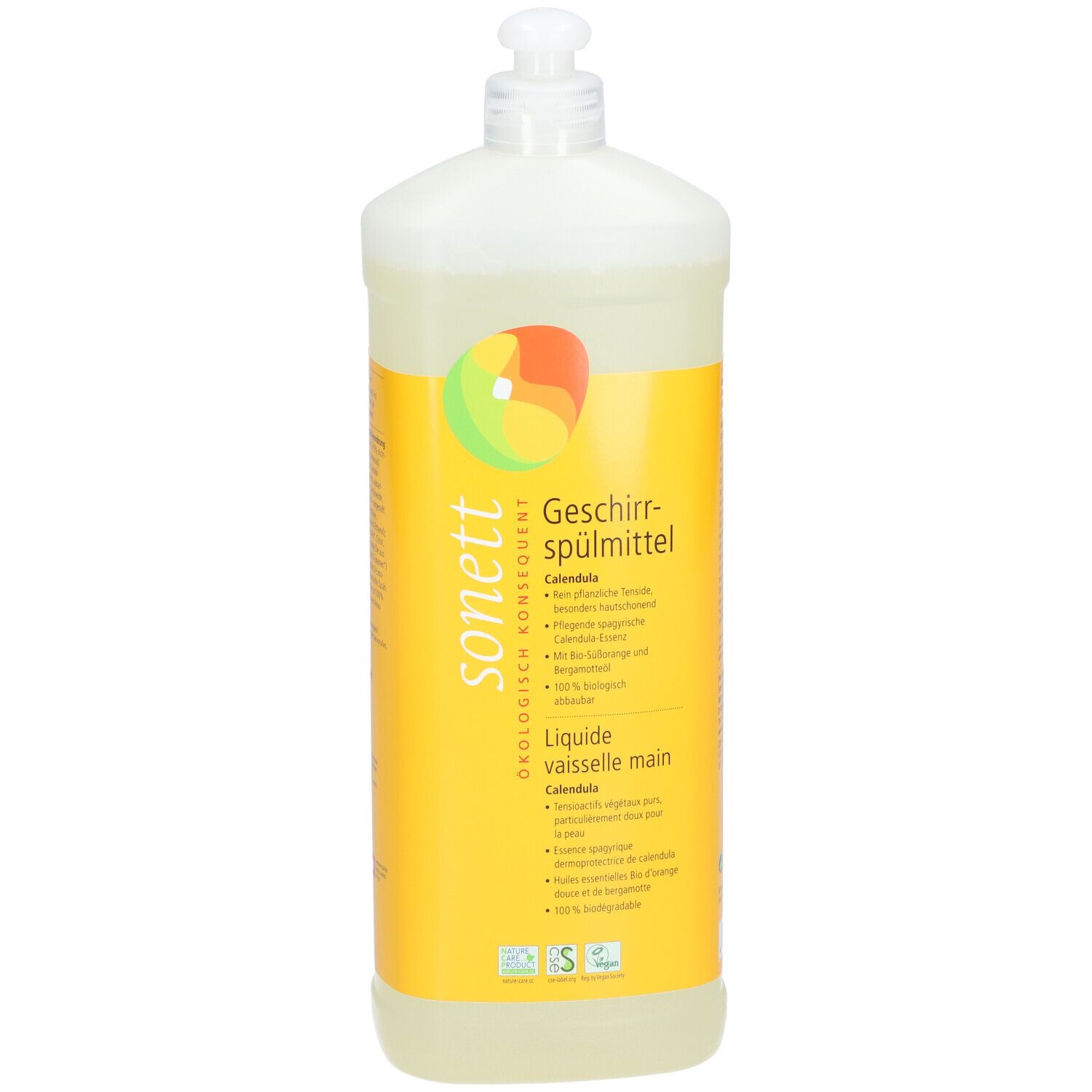 Gelbe Spülmittelflasche mit weißem Dosierkopf. Aufschrift: SONETT, Geschirrspülmittel Calendula.