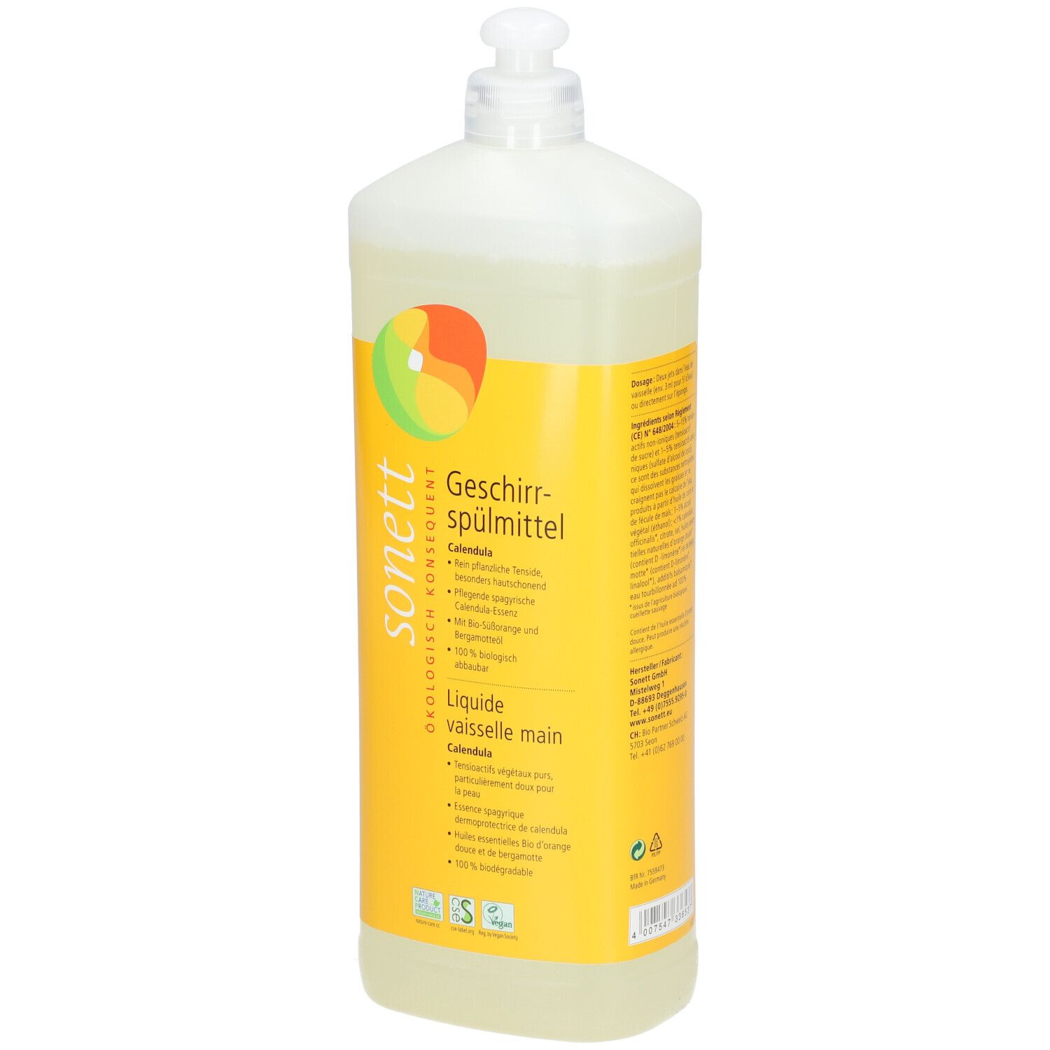 Gelbe Spülmittelflasche mit weißem Dosierkopf. Aufschrift: SONETT, Geschirrspülmittel Calendula.