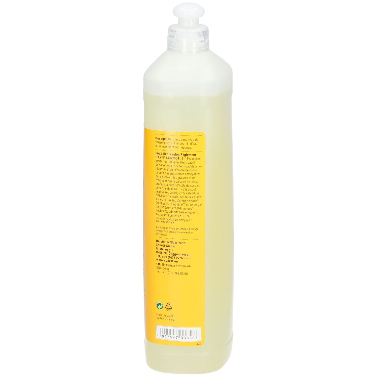 Rückseite der gelben Spülmittelflasche. Textinformationen und Logos. Volumen: 1 Liter.