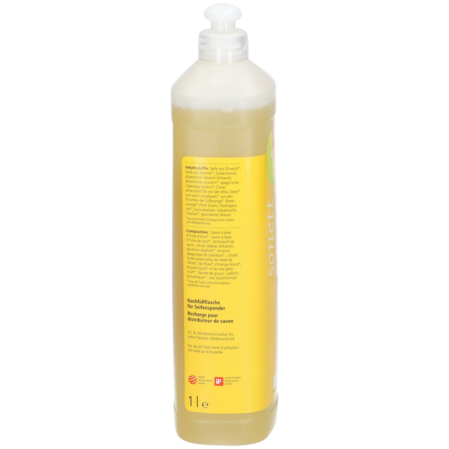 Achterkant van de gele fles met dispenser. Tekst: Ingrediënten, navulfles, 1l e. Met diverse logo's en certificeringen.
