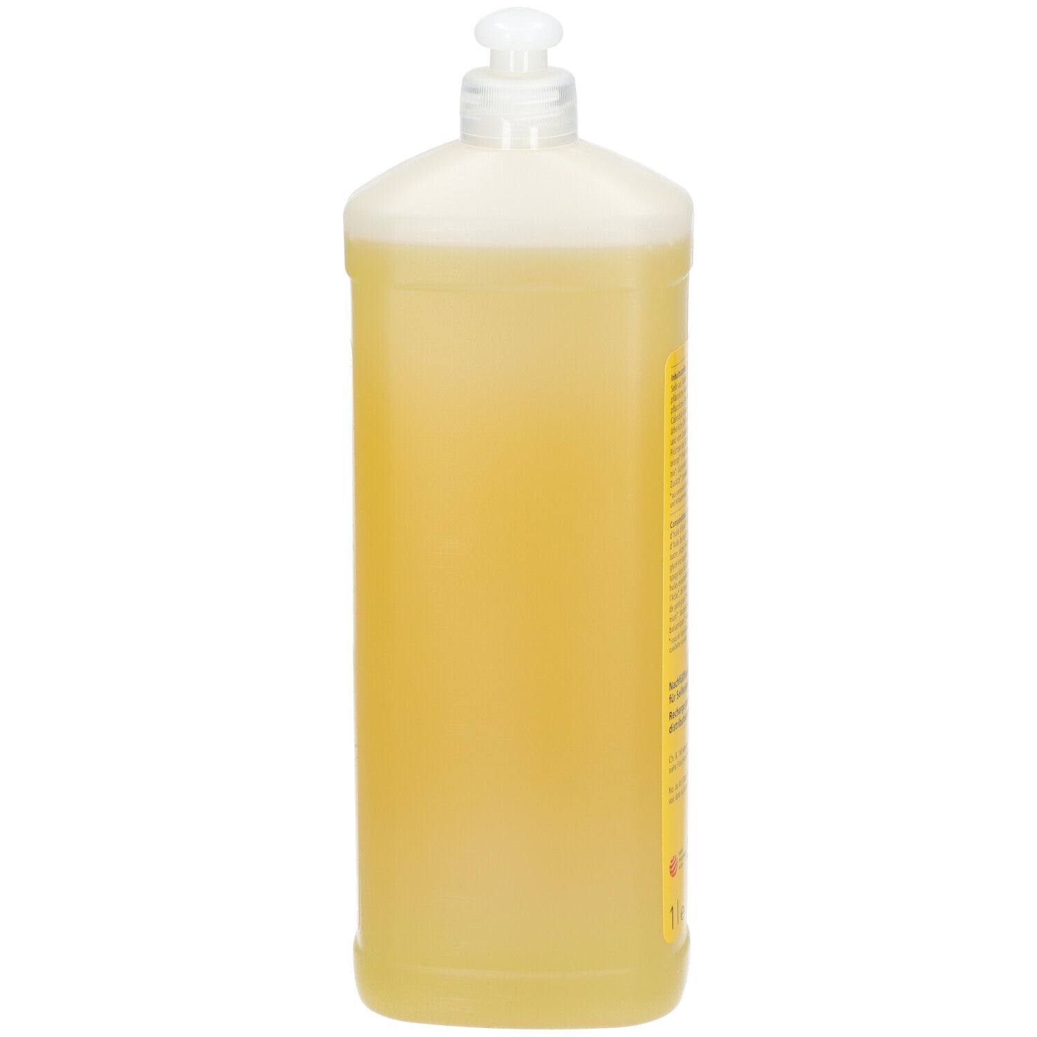 Gele fles met dispenser. Zijaanzicht. Opschrift: Handzeep Calendula. Met bio-keurmerk. Voor handen, gezicht en lichaam.