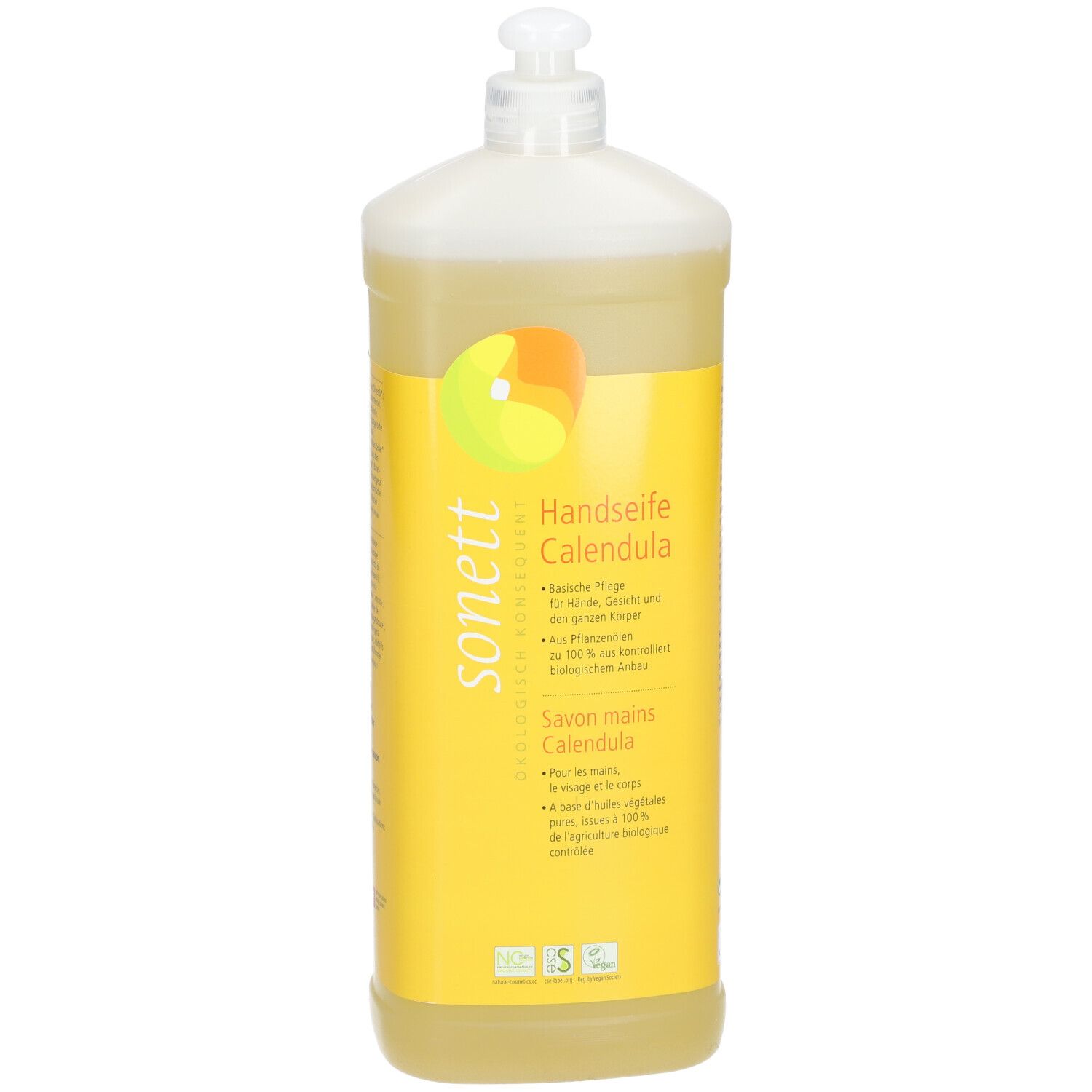Gele fles met dispenser. Opschrift: Handzeep Calendula, sonett. Met bio-keurmerk. Voor handen, gezicht en lichaam.