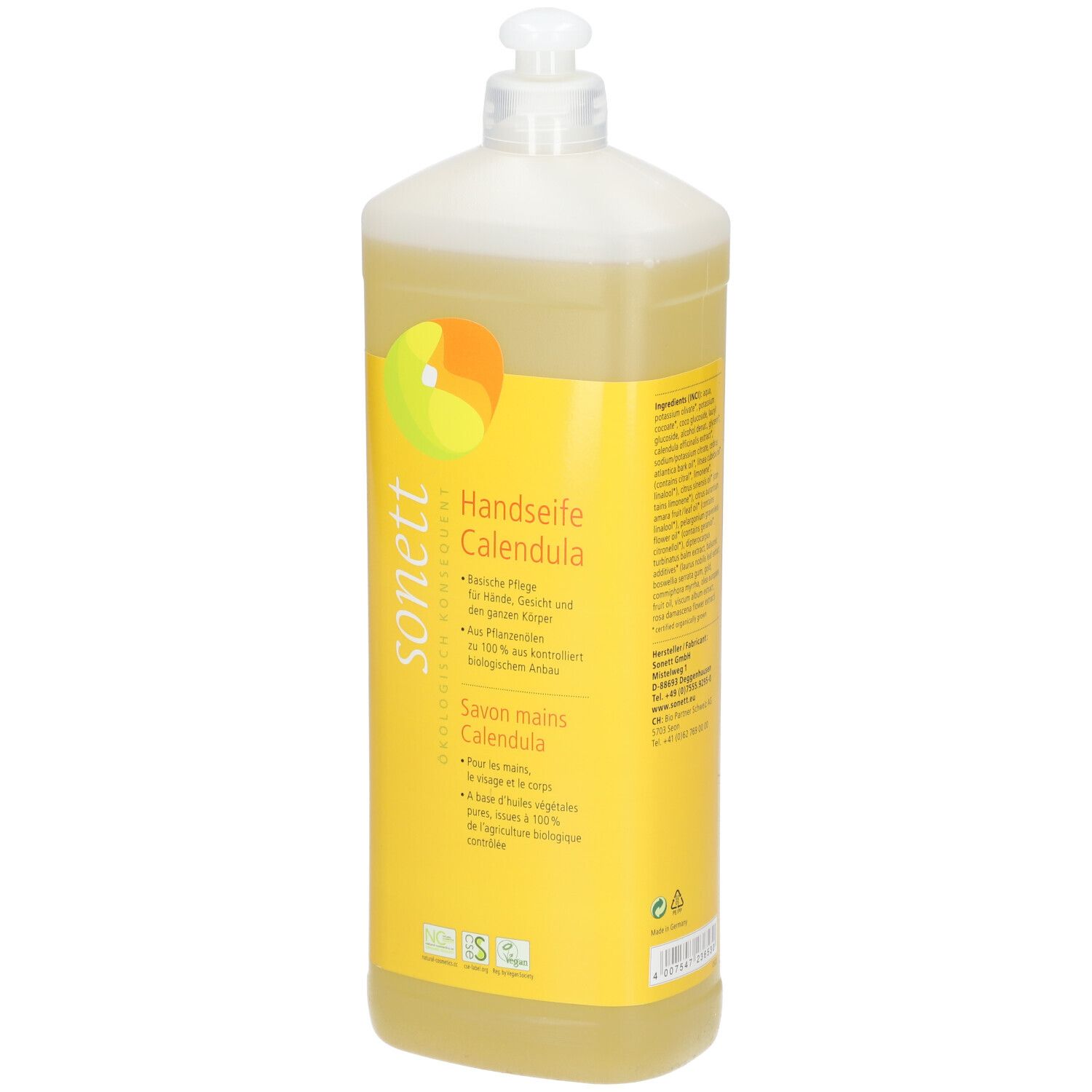 Gele fles met dispenser. Opschrift: Handzeep Calendula, sonett. Met bio-keurmerk. Voor handen, gezicht en lichaam.