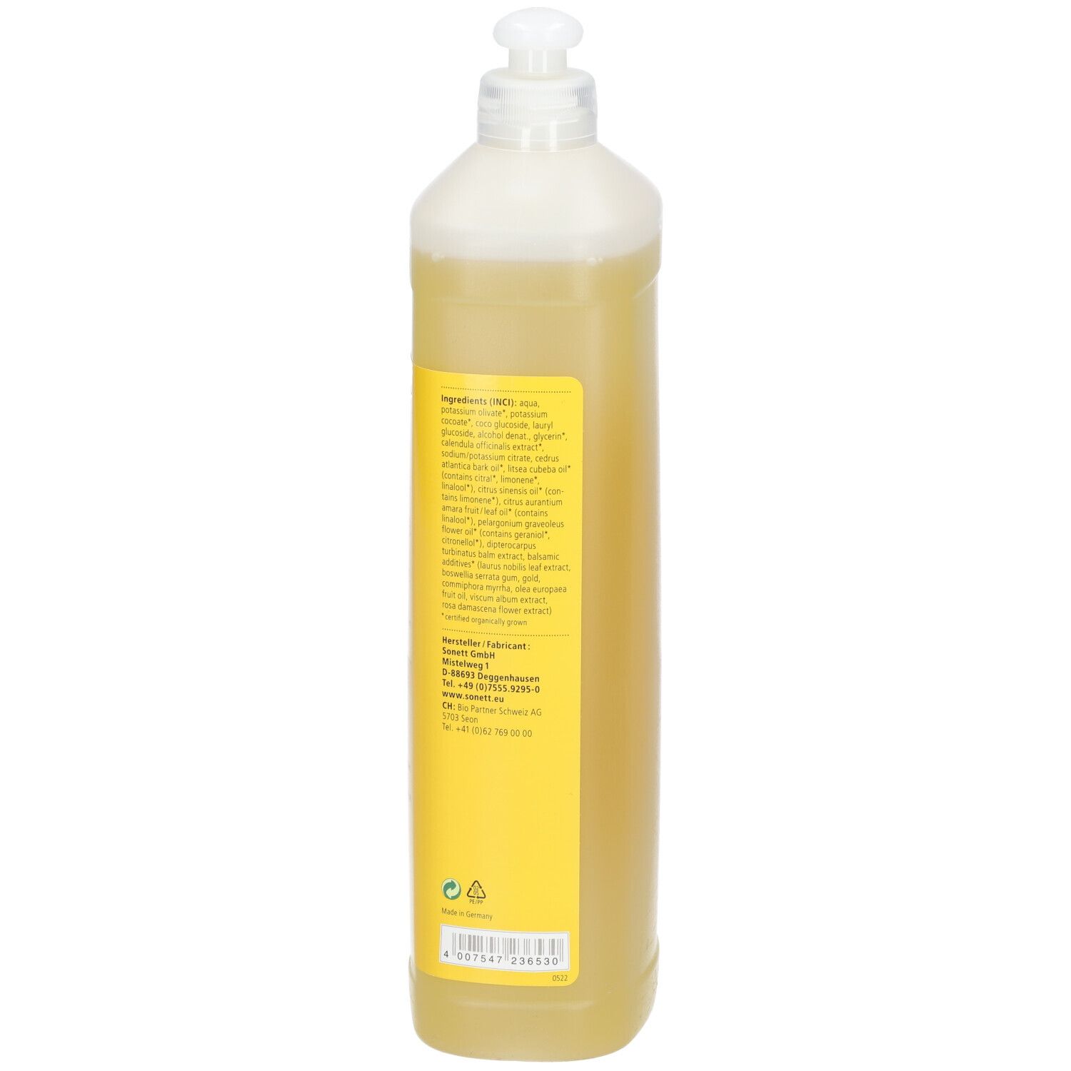 Achterkant van de gele fles met dispenser. Tekst: Ingrediënten, navulfles, 1l e. Met diverse logo's en certificeringen.