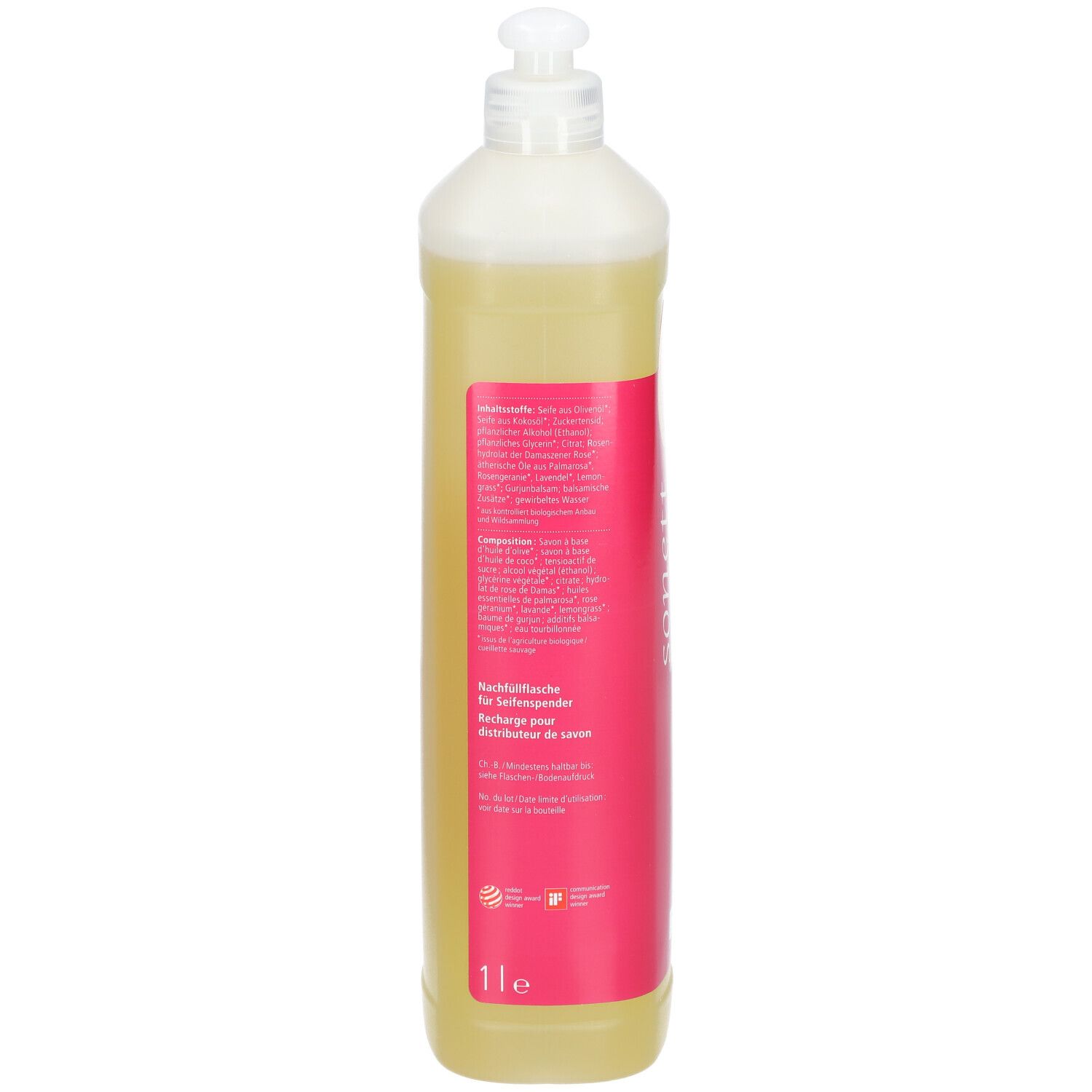 Dos du flacon de savon liquide. Étiquette rose avec texte. Liquide transparent. Volume : 1 litre.