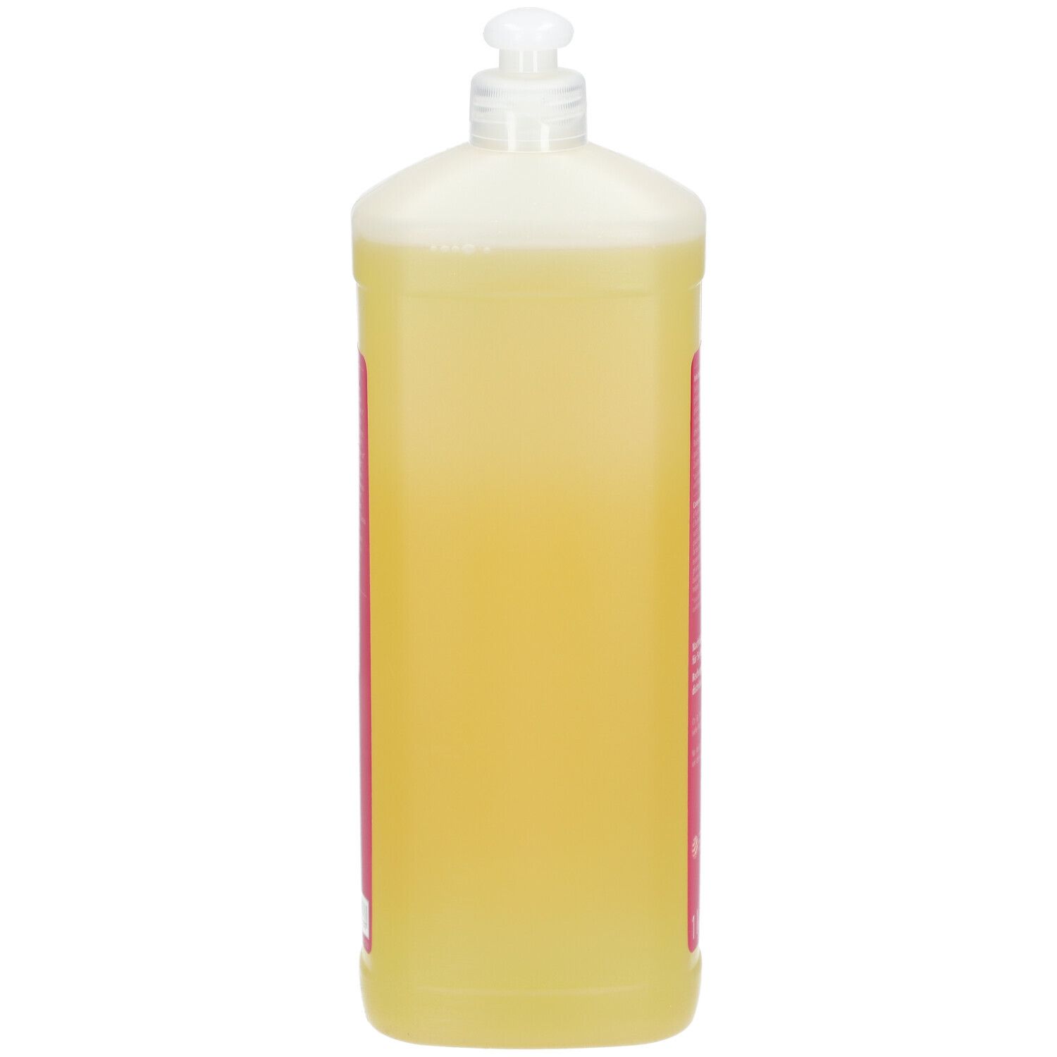 Flacon de savon liquide, vue latérale. Liquide transparent. Étiquette rose partiellement visible.