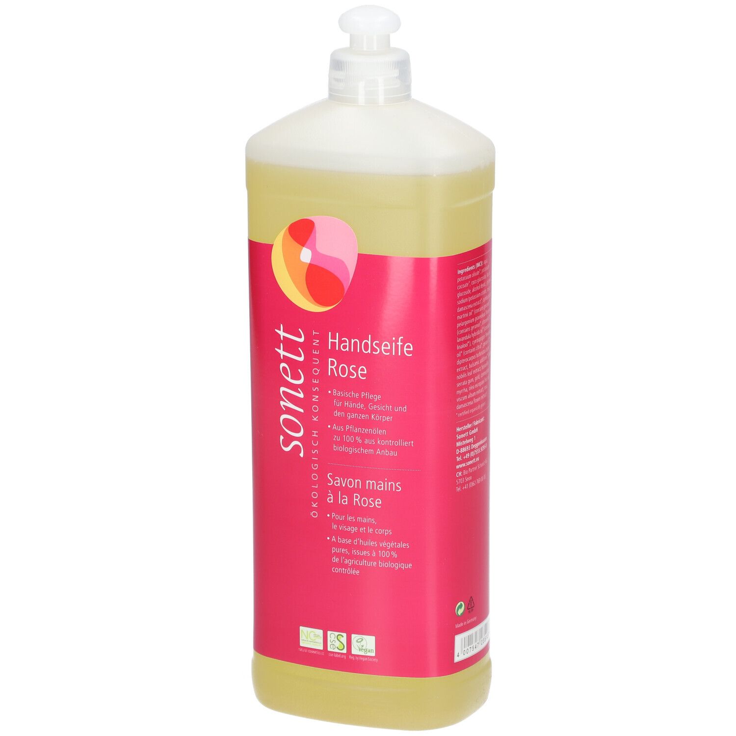 Flacon de savon liquide à la rose. Étiquette rose avec logo et nom du produit. Liquide transparent.