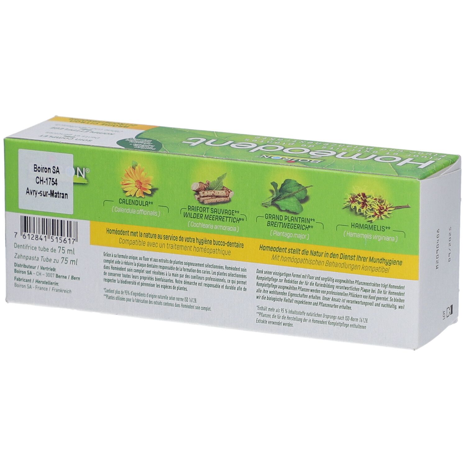 Rückseite der Homeodent-Zahnpasta-Verpackung. Text: Inhaltsstoffe, Herstelleradresse, 75 ml, Zitrone.