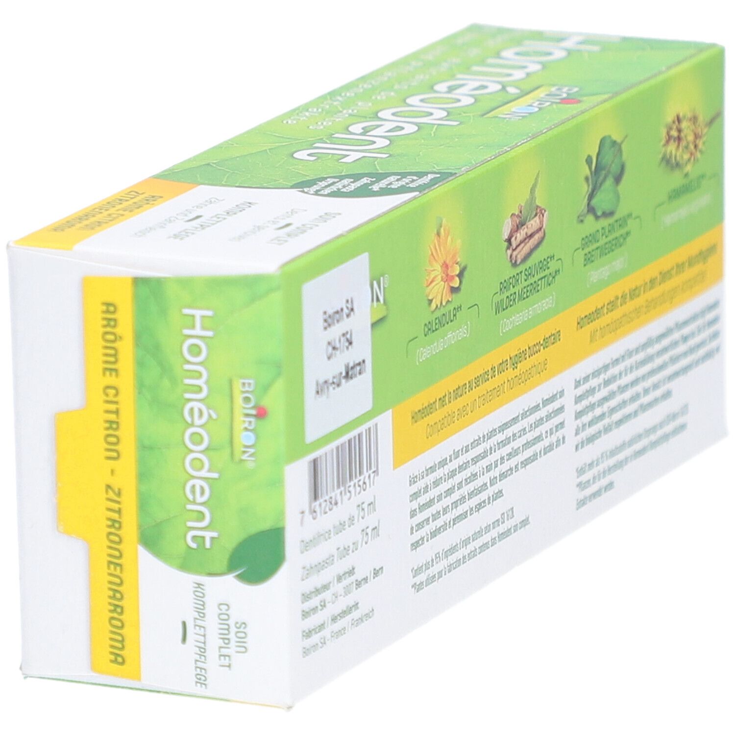 Homeodent-Zahnpasta-Verpackung, schräg. Text: Homeodent, Zitrone, 75 ml, Inhaltsstoffe, Hersteller.