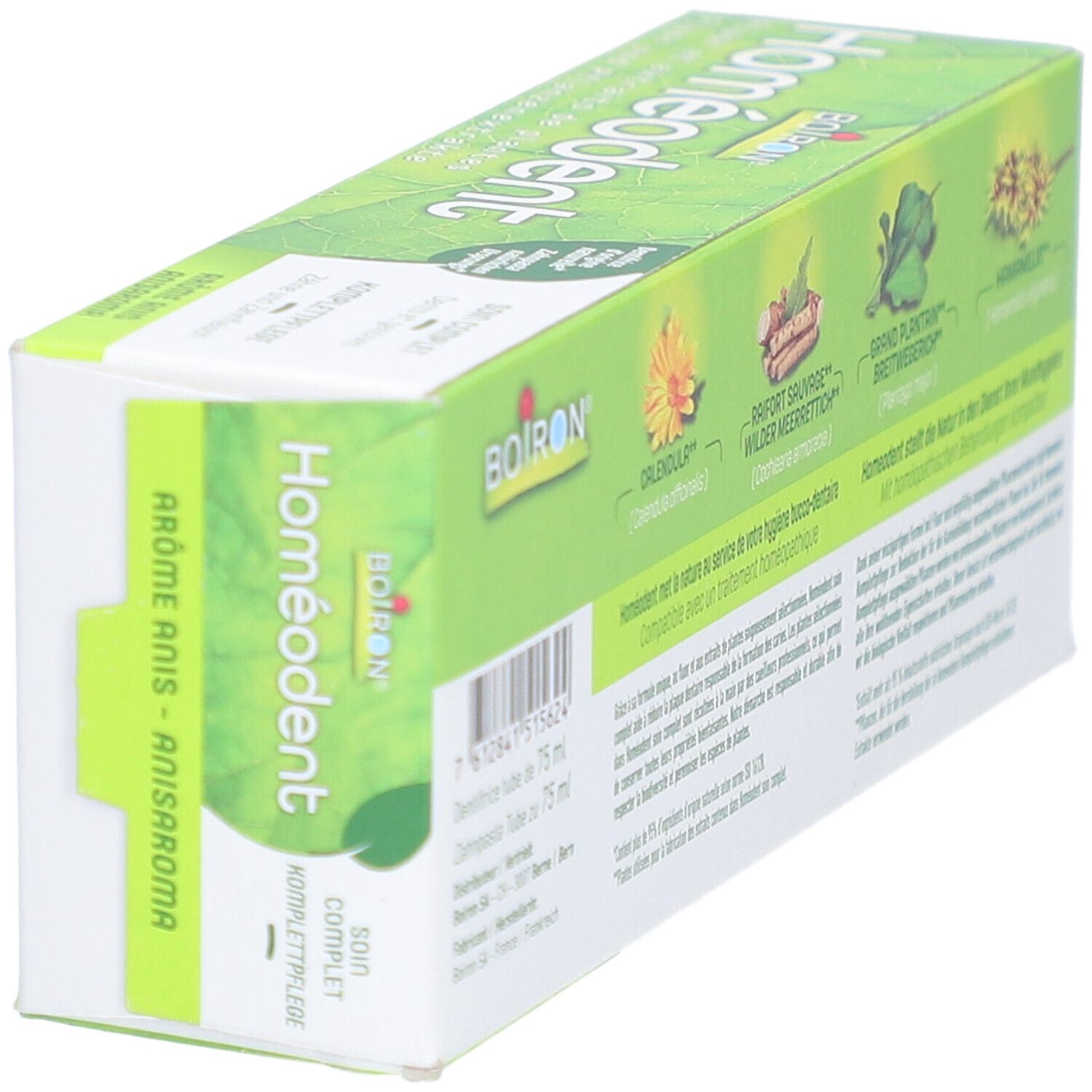 Homeodent Zahnpasta-Schachtel, grüne Farbe. Aufschrift: Fluor und Pflanzenextrakte. Marke: Boiron.