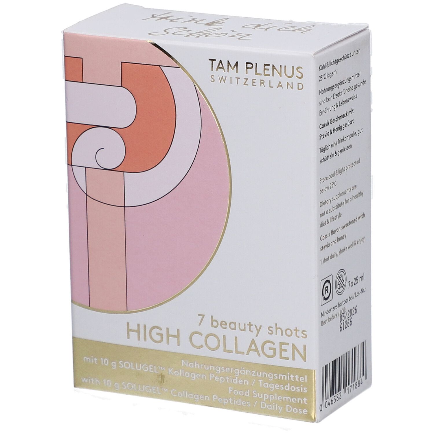 Karton mit "HIGH COLLAGEN"-Schriftzug. 7 Shots, Nahrungsergänzungsmittel. Logo und Text in Gold und Rosa auf weißem Hintergrund.