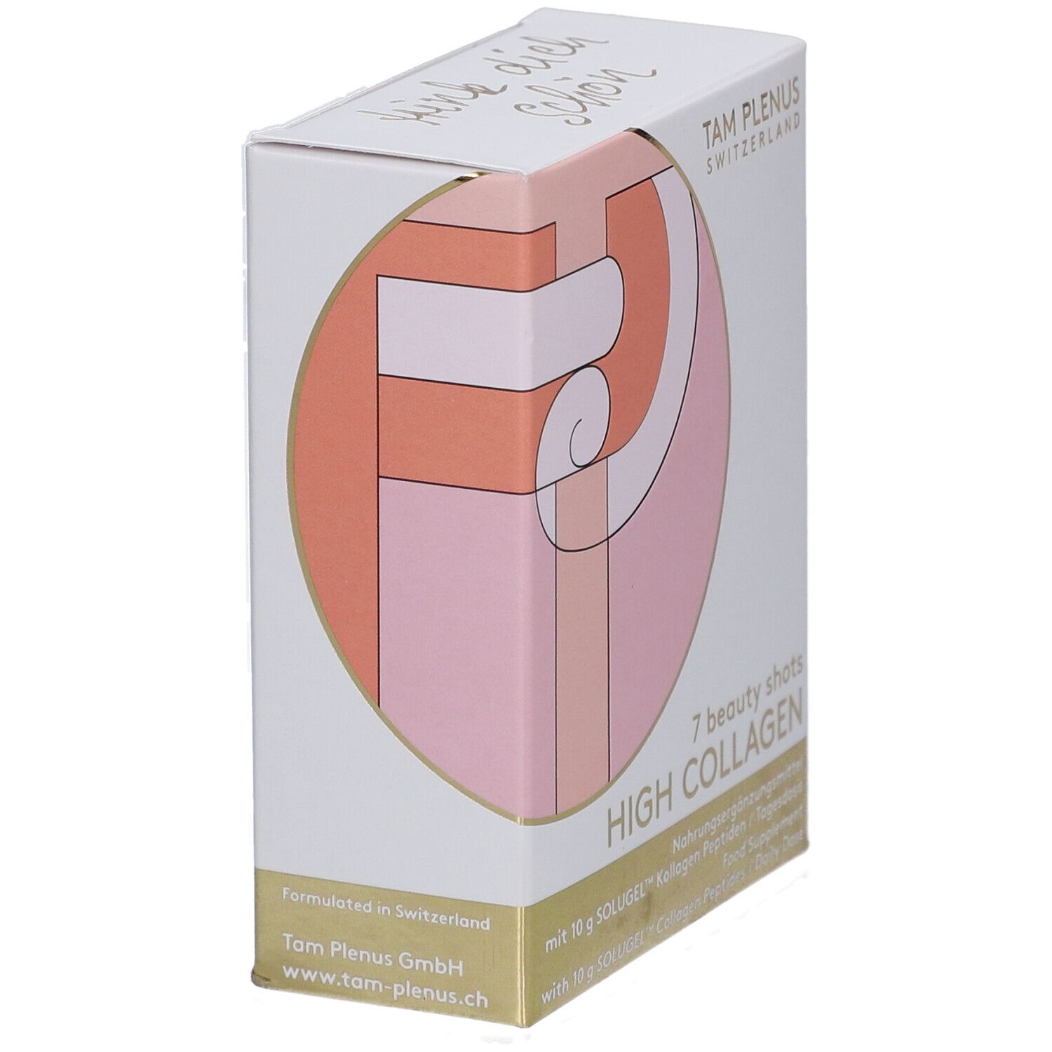 Schrägansicht der "HIGH COLLAGEN"-Box. Logo und Text in Gold und Rosa auf weißem Hintergrund. "7 beauty shots" und Produktinformationen.