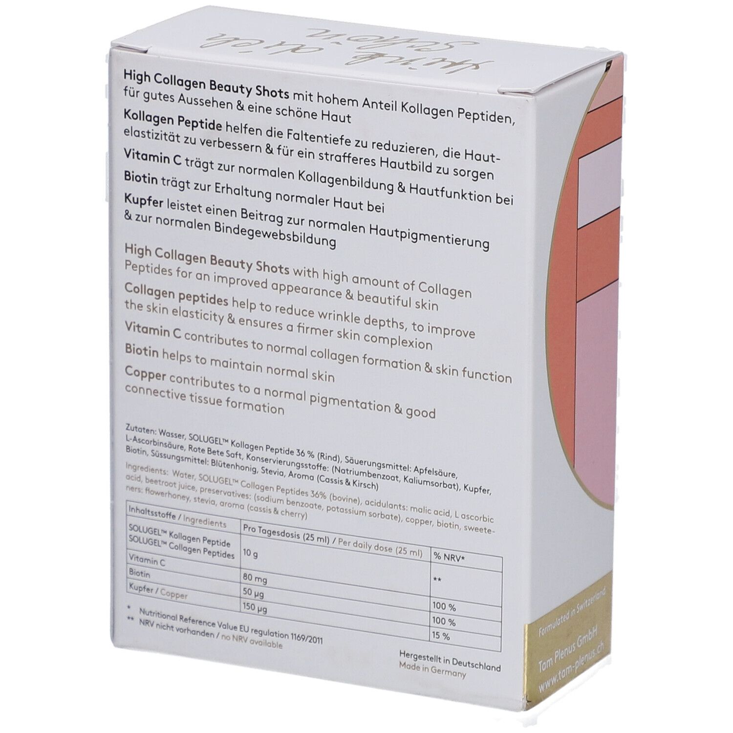 Rückseite der "HIGH COLLAGEN"-Box. Text über Inhaltsstoffe, Nährwerte und Hersteller. Inhaltsstoffe und Nährwertangaben.