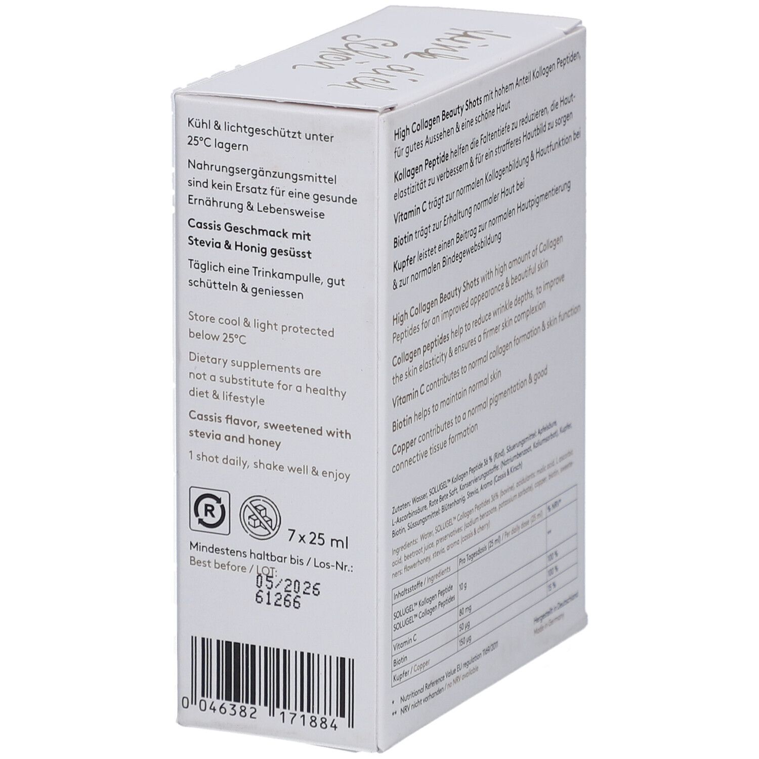 Seite der "HIGH COLLAGEN"-Box. Text über Anwendung, Lagerung und Inhaltsstoffe. 7x25 ml. Mindesthaltbarkeitsdatum.
