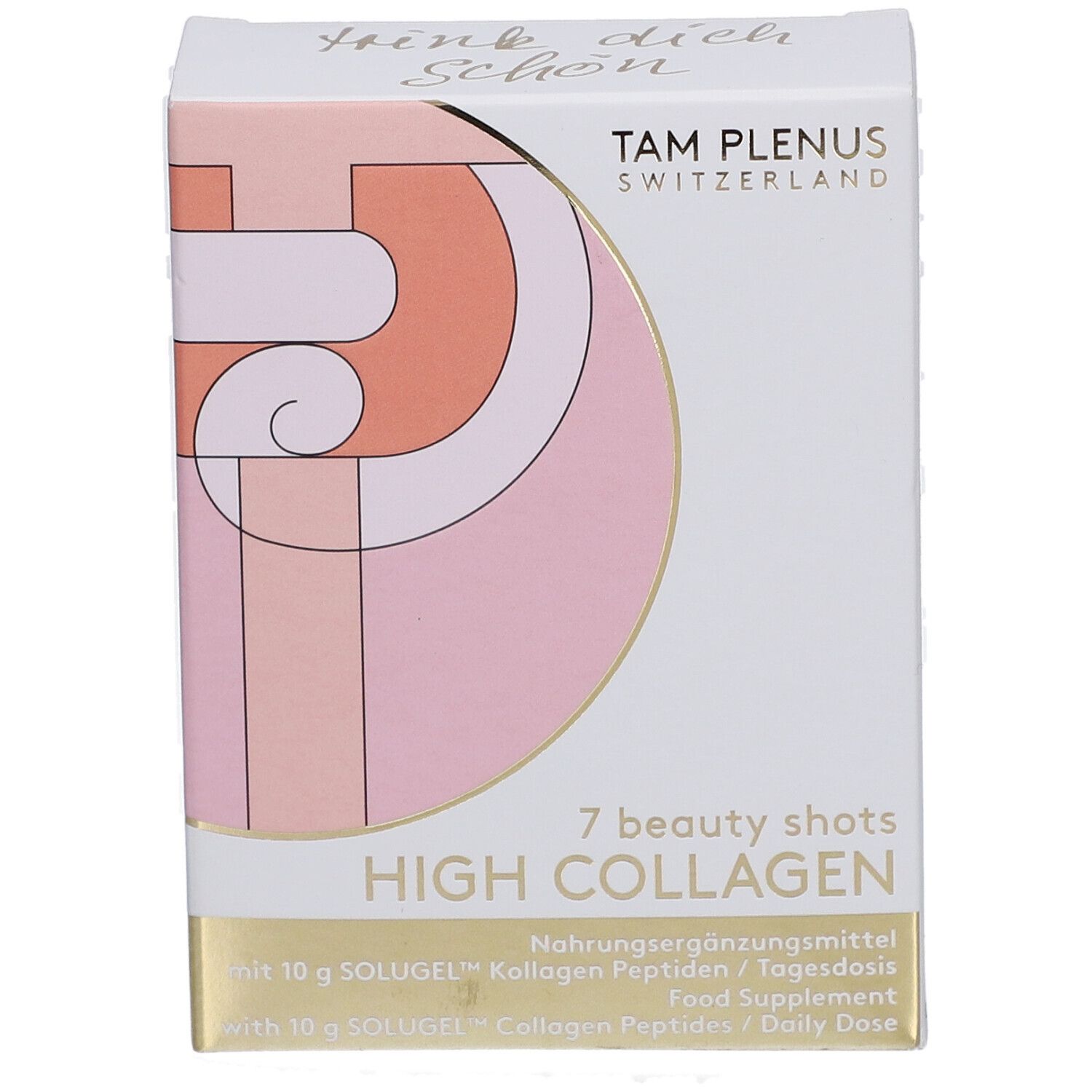 Vorderansicht der "HIGH COLLAGEN"-Box. Logo und Text in Gold und Rosa auf weißem Hintergrund. "7 beauty shots" und Produktinformationen.