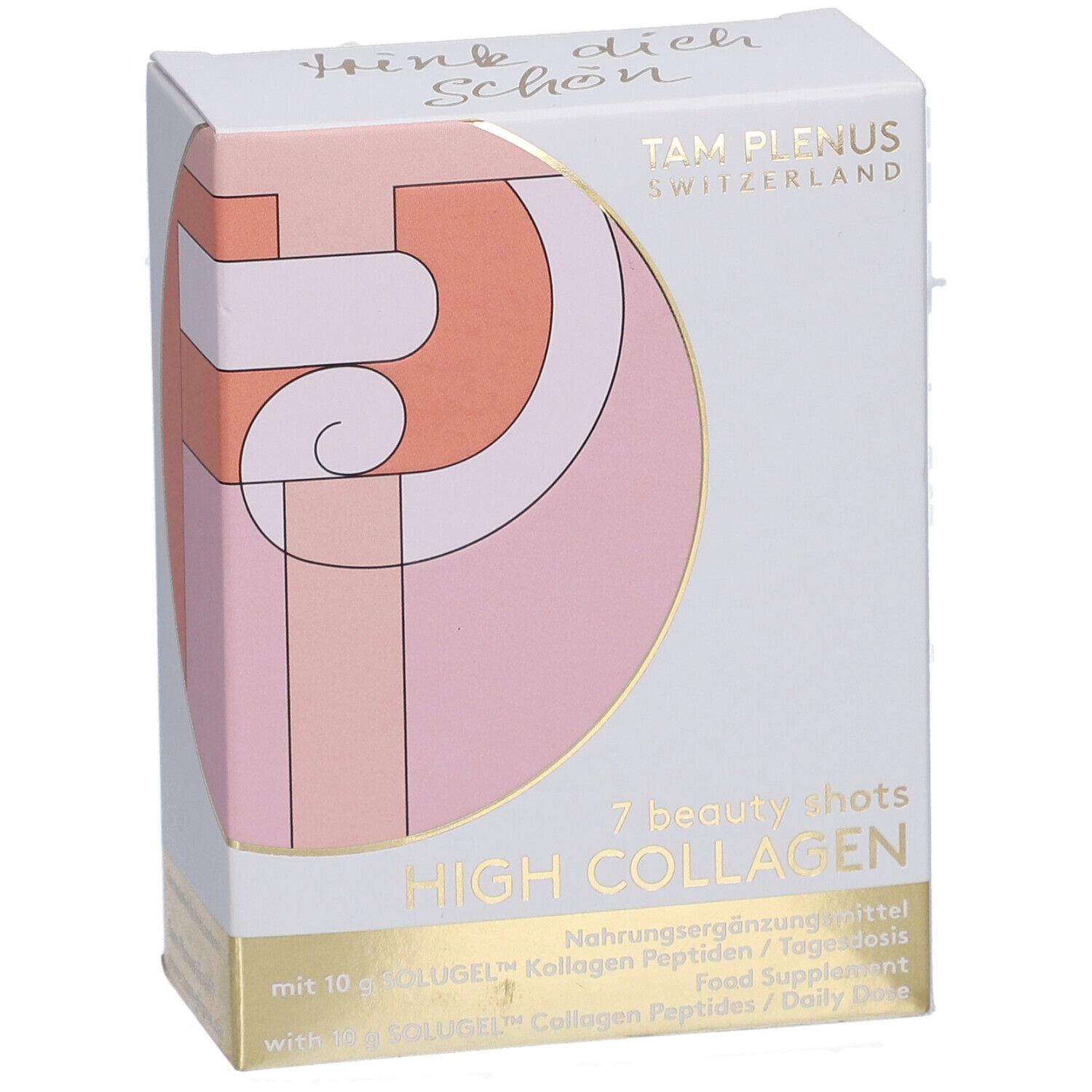 Vorderansicht der "HIGH COLLAGEN"-Box. Logo und Text in Gold und Rosa auf weißem Hintergrund. "7 beauty shots" und Produktinformationen.