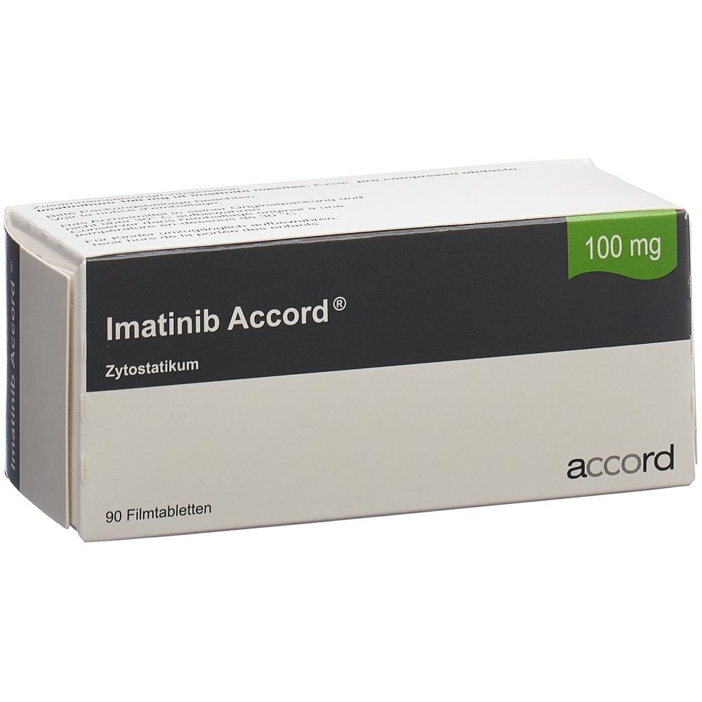 Boîte de médicaments "Imatinib Accord". Bande noire avec texte blanc. 100 mg et 90 comprimés pelliculés.