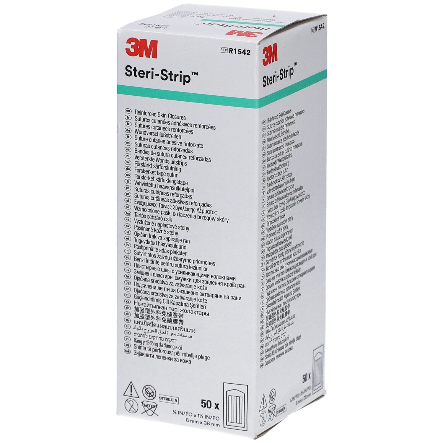 Boîte de 3M Steri-Strip. 50 unités, 6 x 38 mm. Inscription : Steri-Strip, sutures cutanées adhésives renforcées. Boîte blanche.
