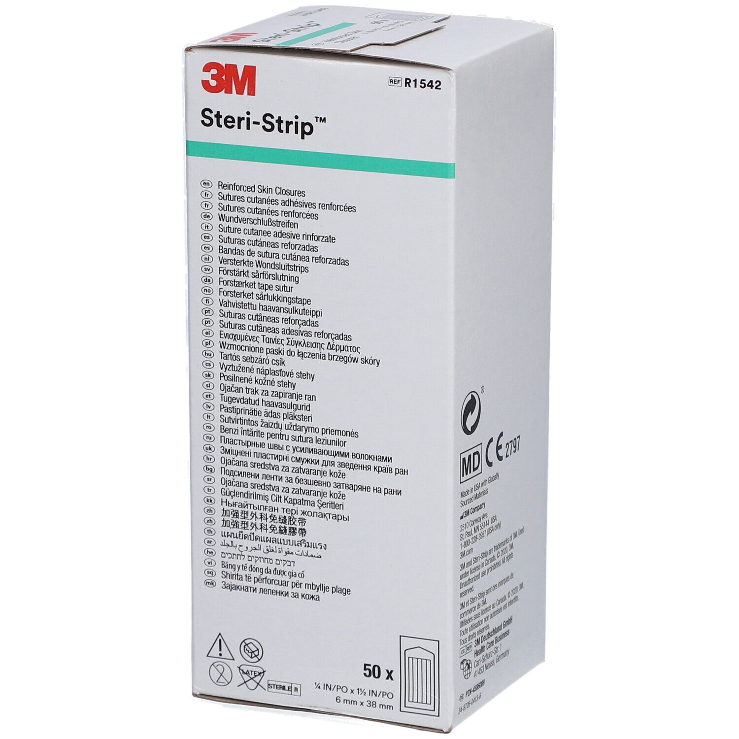 Boîte 3M Steri-Strip. 50 unités, 6 x 38 mm. Inscription : Steri-Strip, sutures cutanées adhésives renforcées. Boîte blanche.