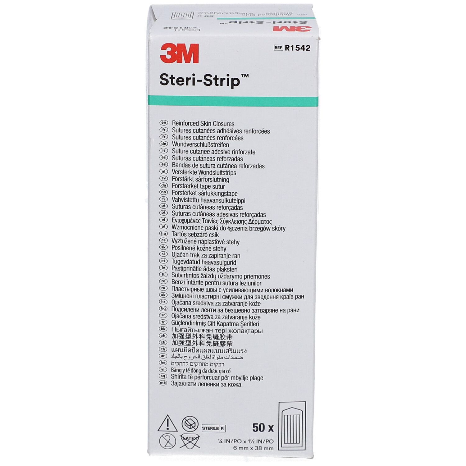 Boîte 3M Steri-Strip. 50 unités, 6 x 38 mm. Inscription : Steri-Strip, sutures cutanées adhésives renforcées. Boîte blanche.
