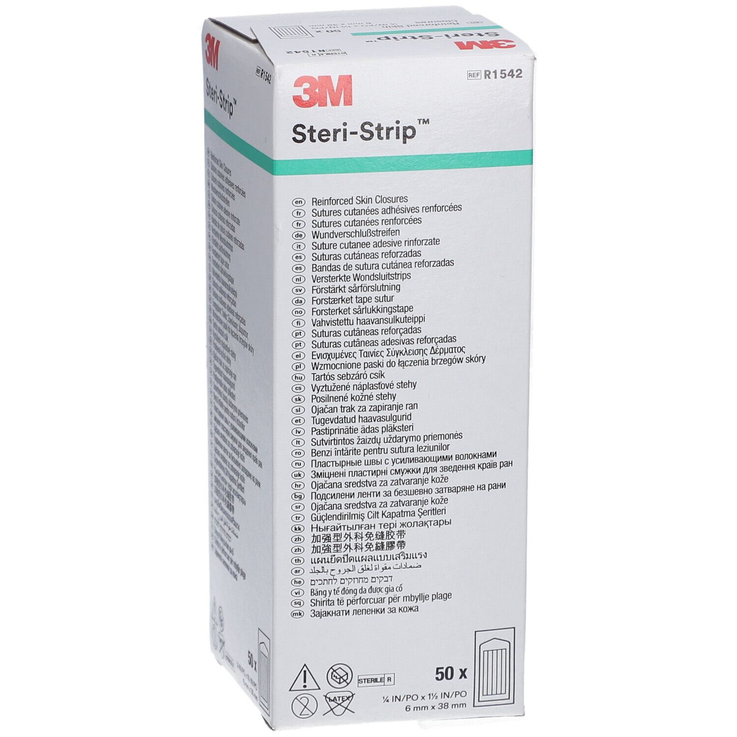 Boîte 3M Steri-Strip. 50 unités, 6 x 38 mm. Inscription : Steri-Strip, sutures cutanées adhésives renforcées. Boîte blanche.