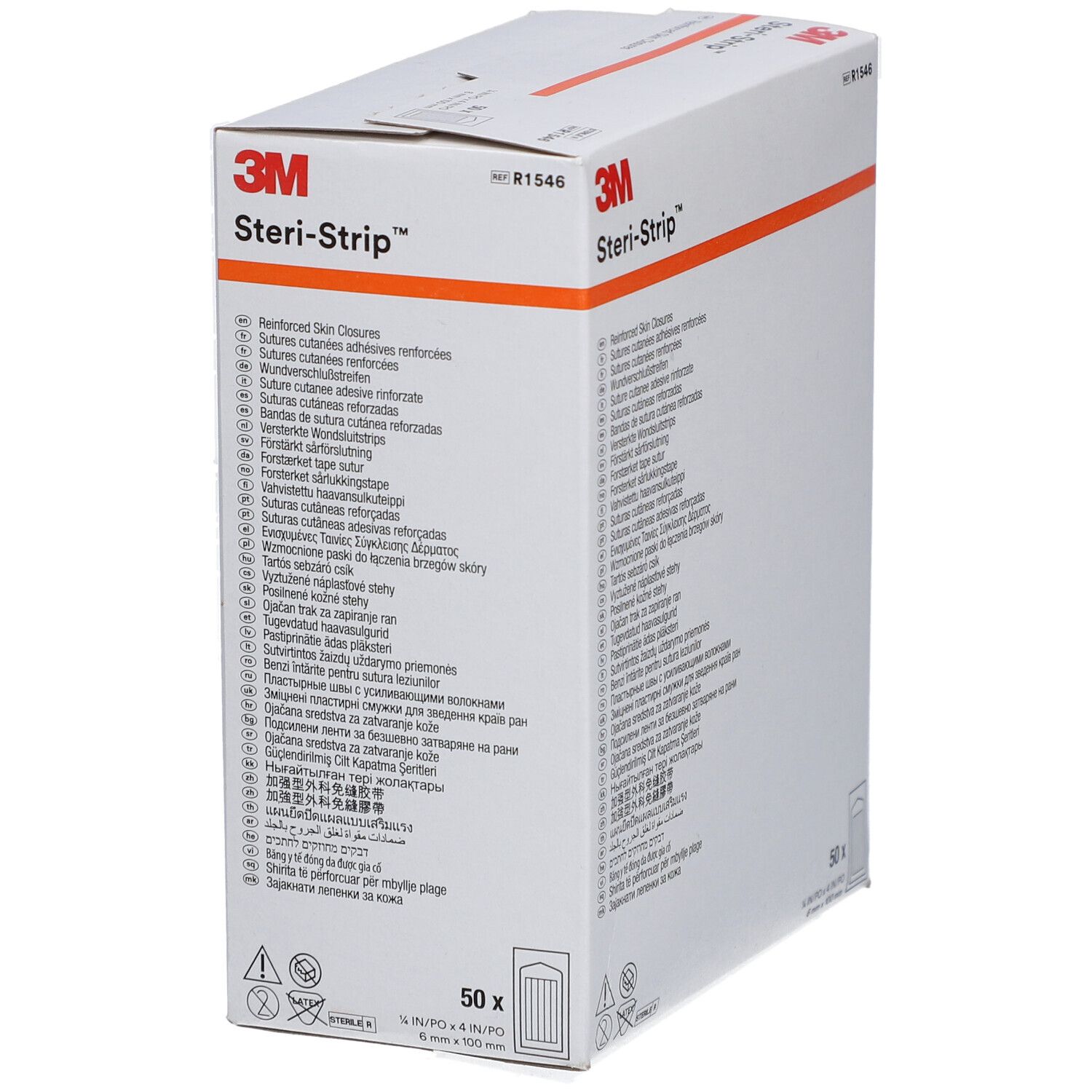 3M Steri-Strip Box. Weißer Karton mit Produktnamen und Texten in mehreren Sprachen. Enthält 50 Stück, 6 x 100 mm.